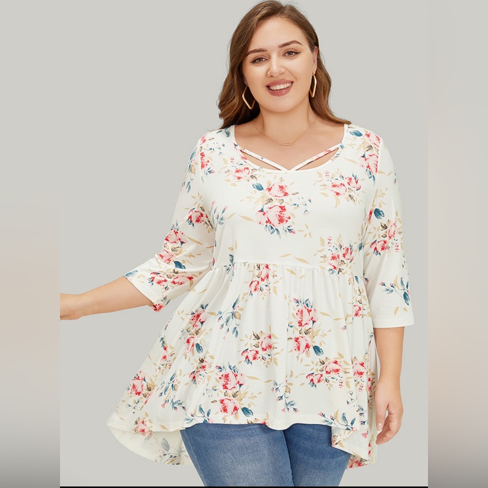 BloomChic Floral Gathered High Low Hem T-Shirt Blouse